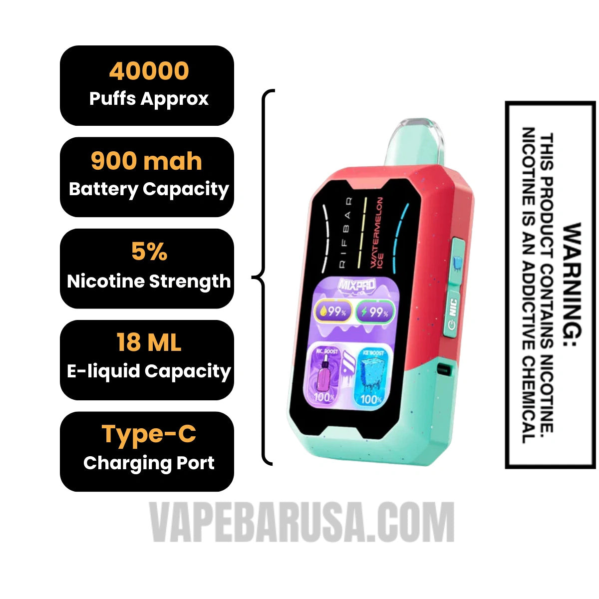 Watermelon Ice Rifbar MixPro Ice 40K Disposable Vape Specifications 