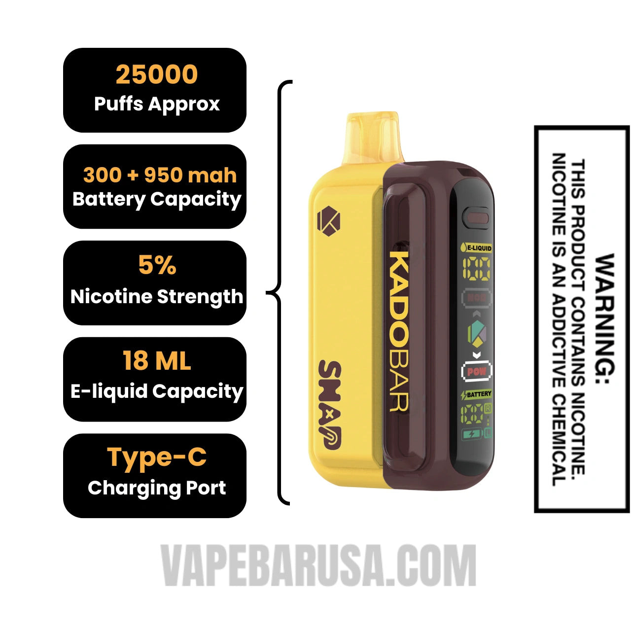 Tobacco Kado Bar Snap 25K Disposable Vape Kit Specifications