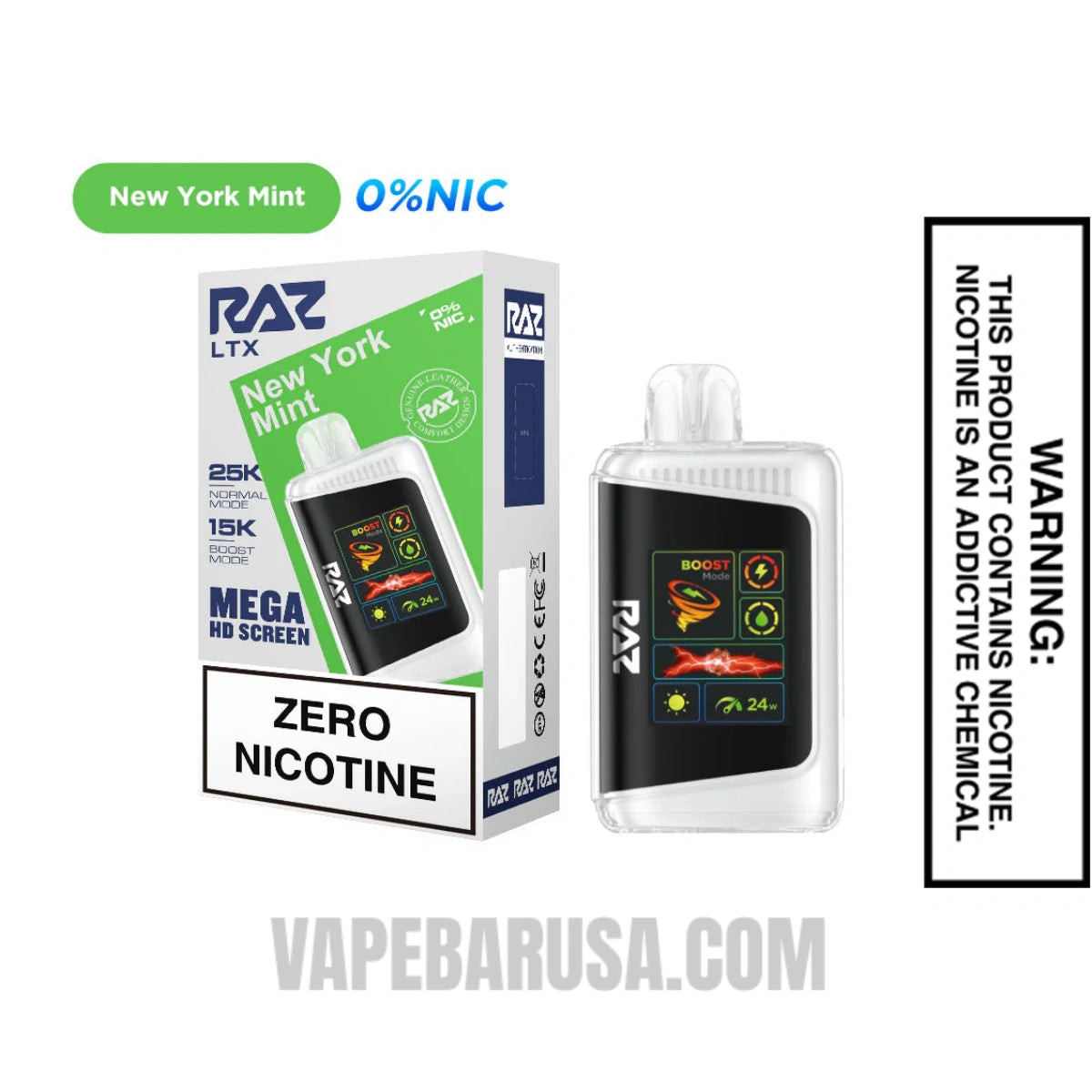 New York Mint RAZ LTX 25K Zero Nicotine Disposable Vape with Package Box