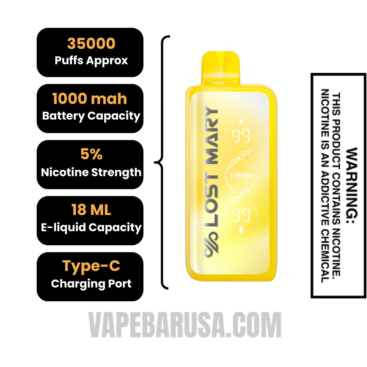 Yellow Pixy Lost Mary MT35000 Disposable Vape Specifications