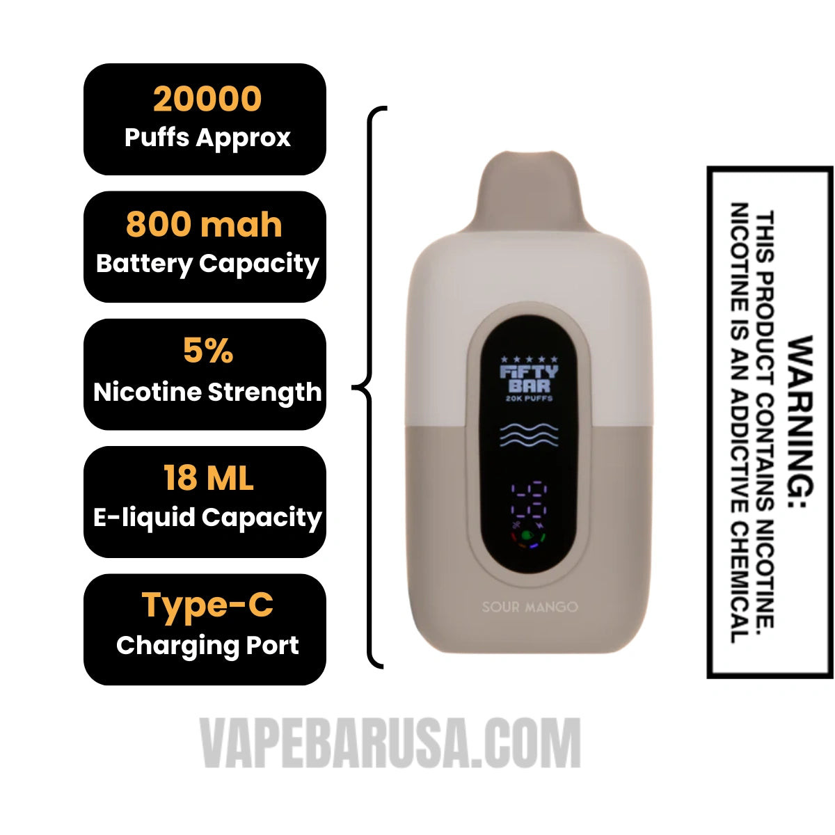 Sour Mango Fifty Bar 20K Texas Edition Disposable Vape Specifications