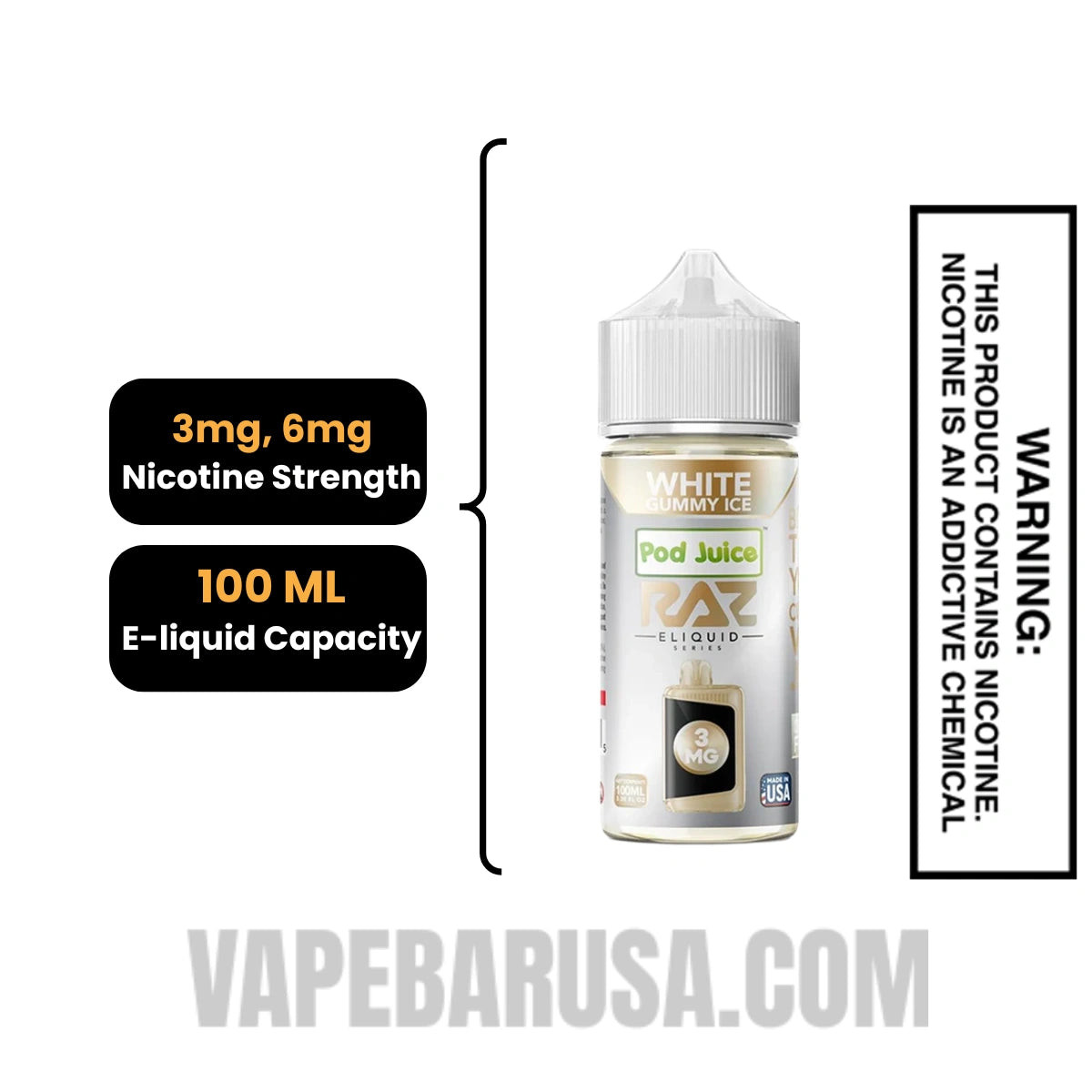 White Gummy Ice Pod Juice X RAZ Vape Juice 100 ML Specifications