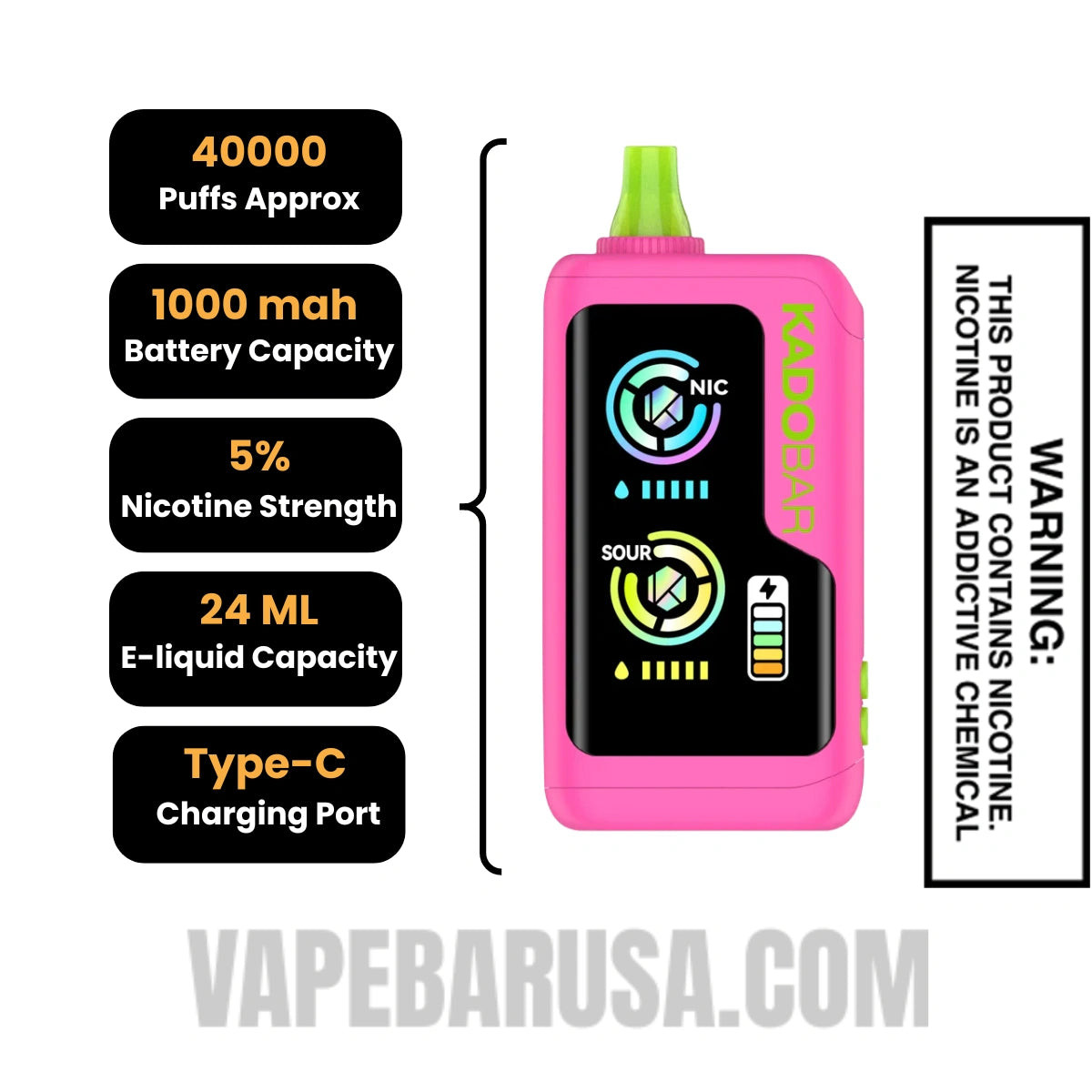 Sour Strawberry Raspberry Kado Bar NI40000 Sour-Nic Control Disposable Vape Specifications