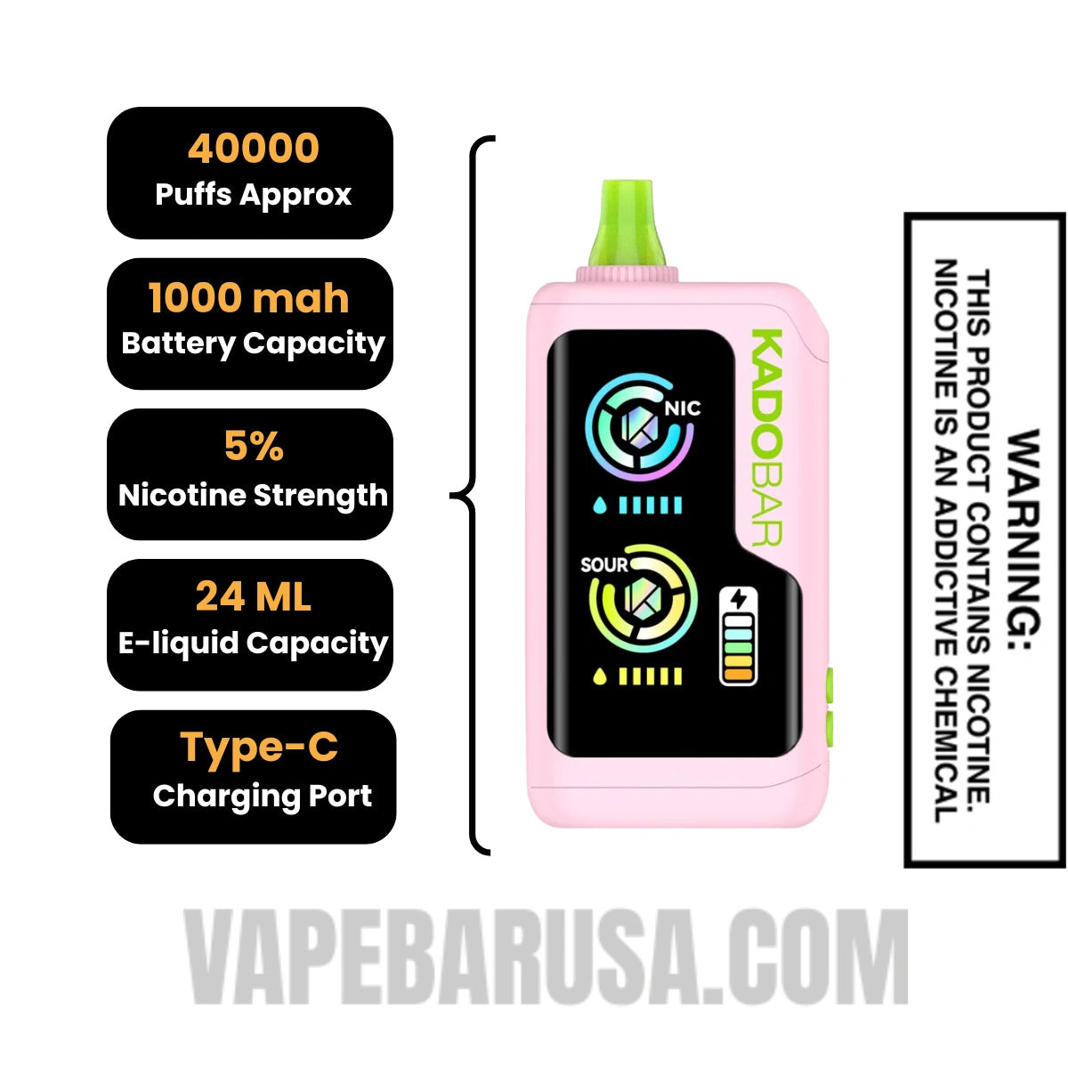 Sour Watermelon Gummies Kado Bar NI40000 Sour-Nic Control Disposable Vape Specifications