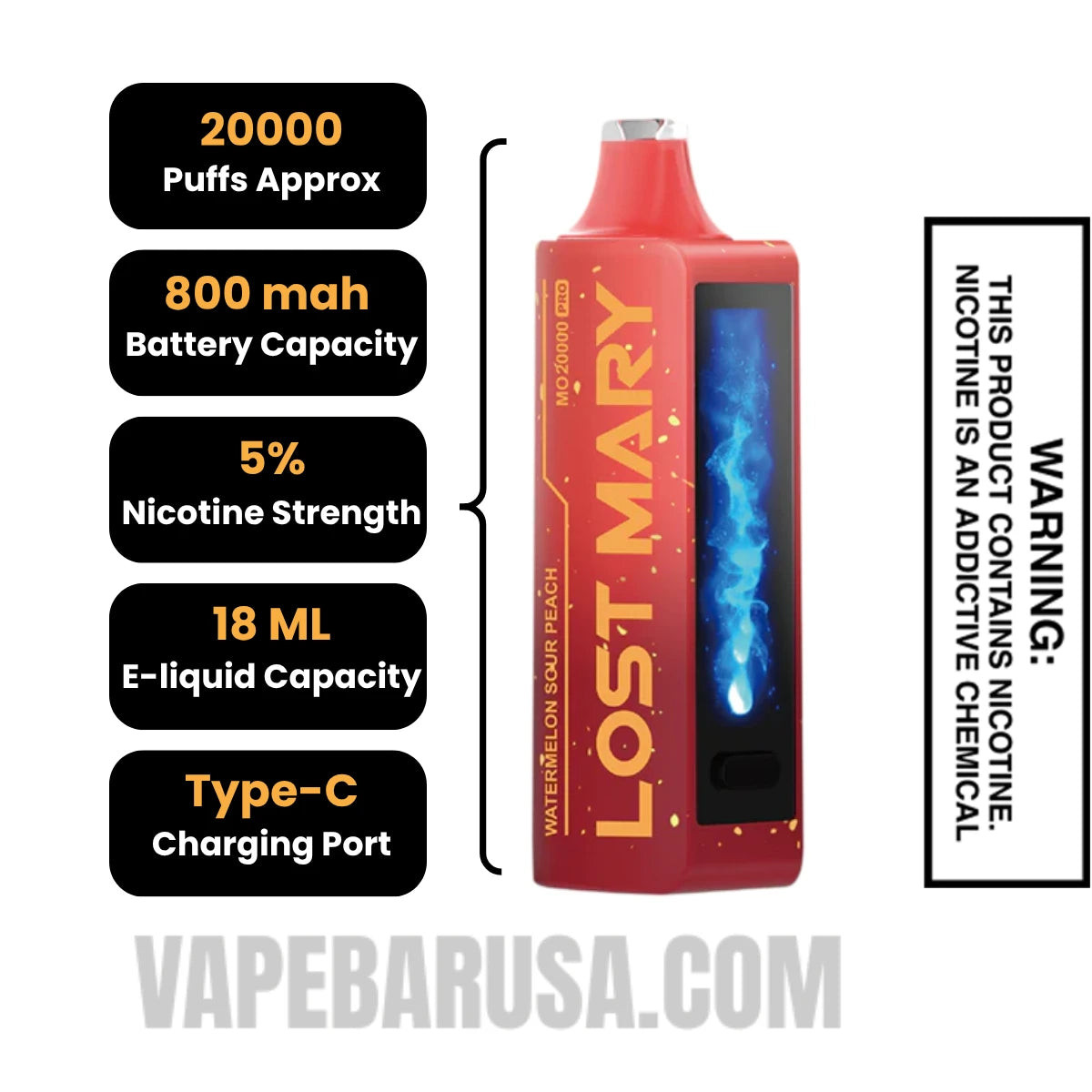 Watermelon Sour Peach Lost Mary MO20000 Disposable Vape Specifications