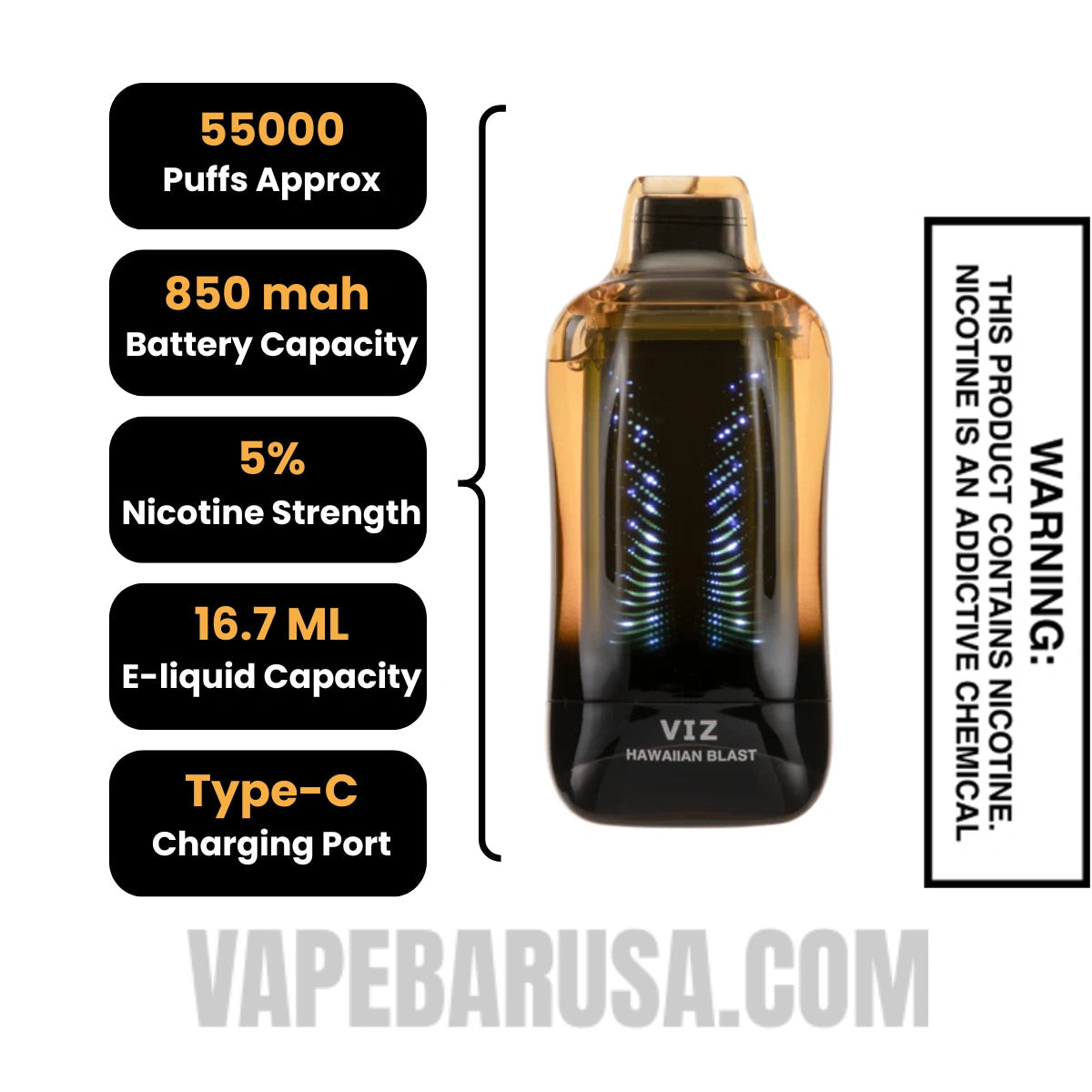 Hawaiian Blast Lost Mary VIZ 55K Disposable Vape Specifications