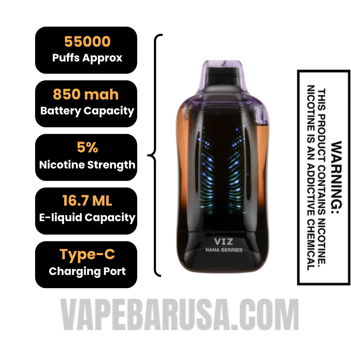Nana Berries Lost Mary VIZ 55K Disposable Vape Specifications