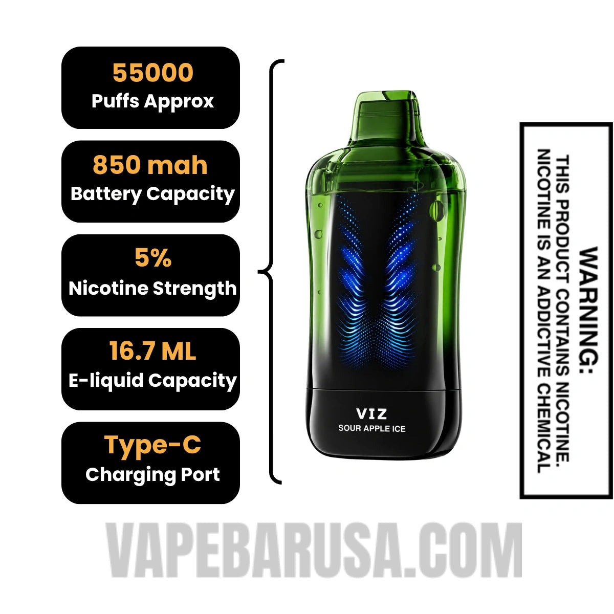 Sour Apple Ice Lost Mary VIZ 55K Disposable Vape Specifications