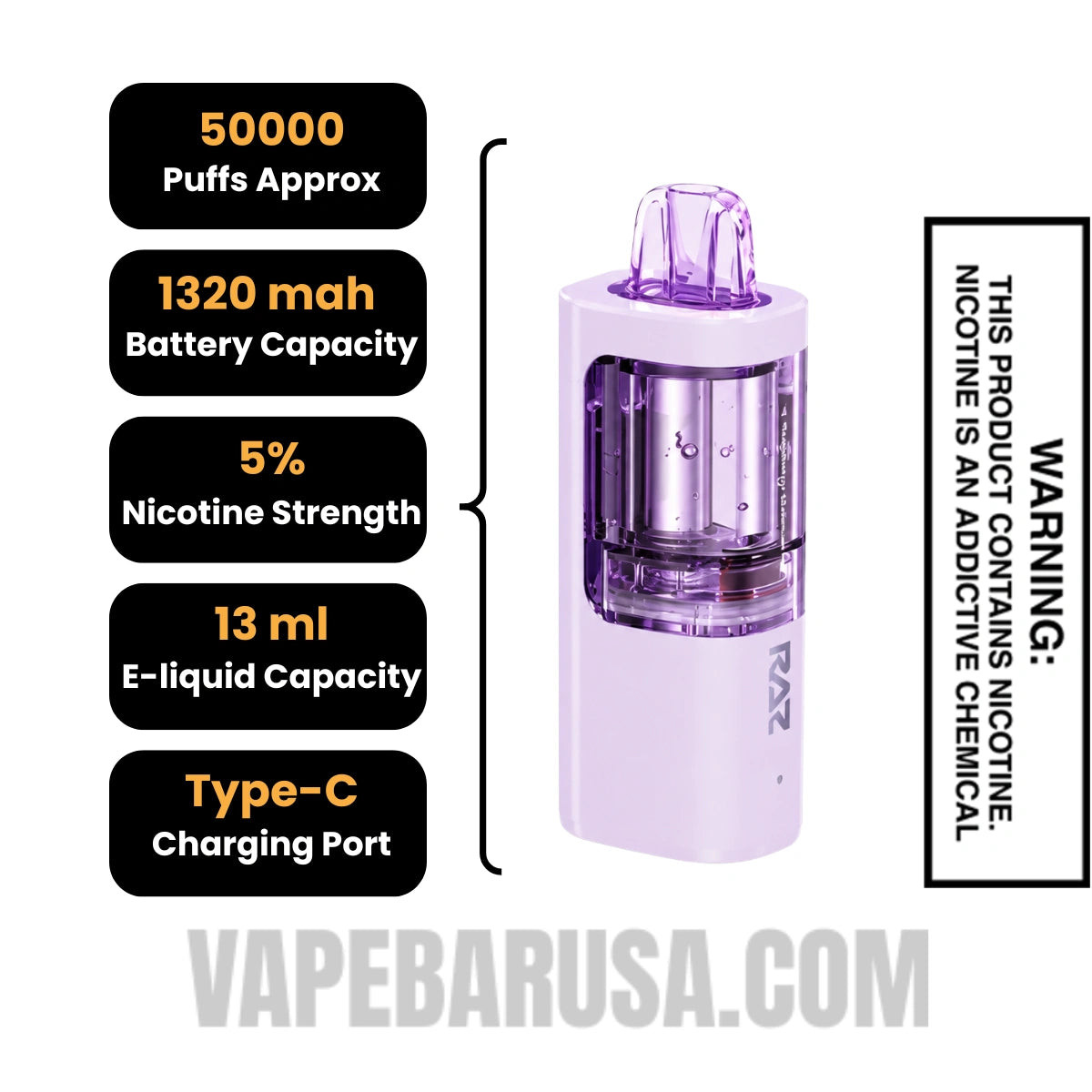 Raspberry Watermelon RAZ VUE 50K Disposable Vape Pod Specifications