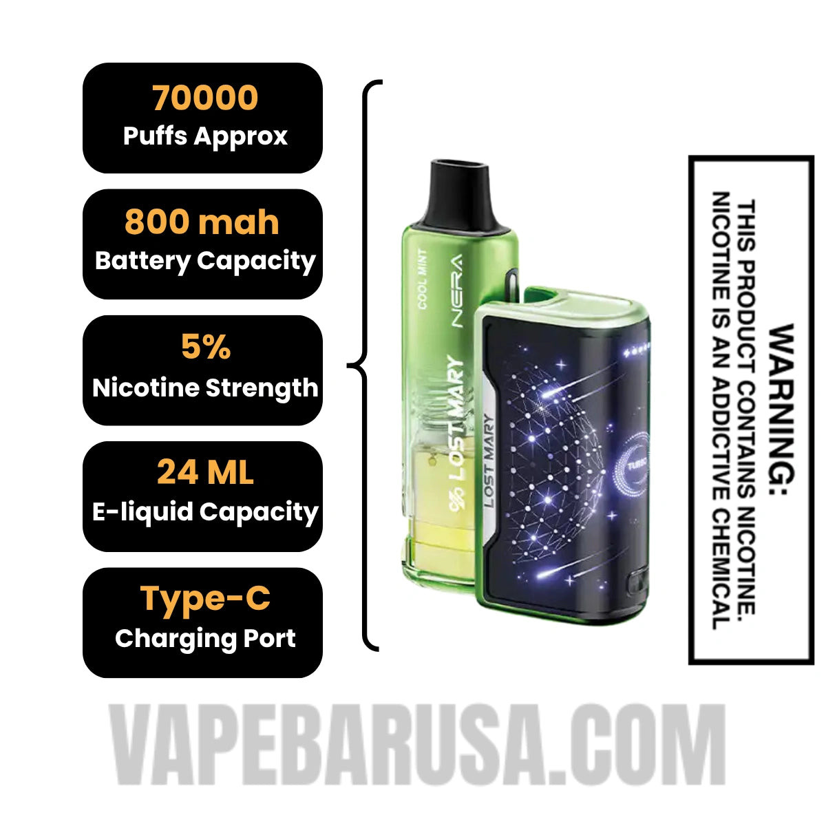 Cool Mint & Polar Mint Lost Mary Nera Fullview 70K Disposable Vape Kit Specifications