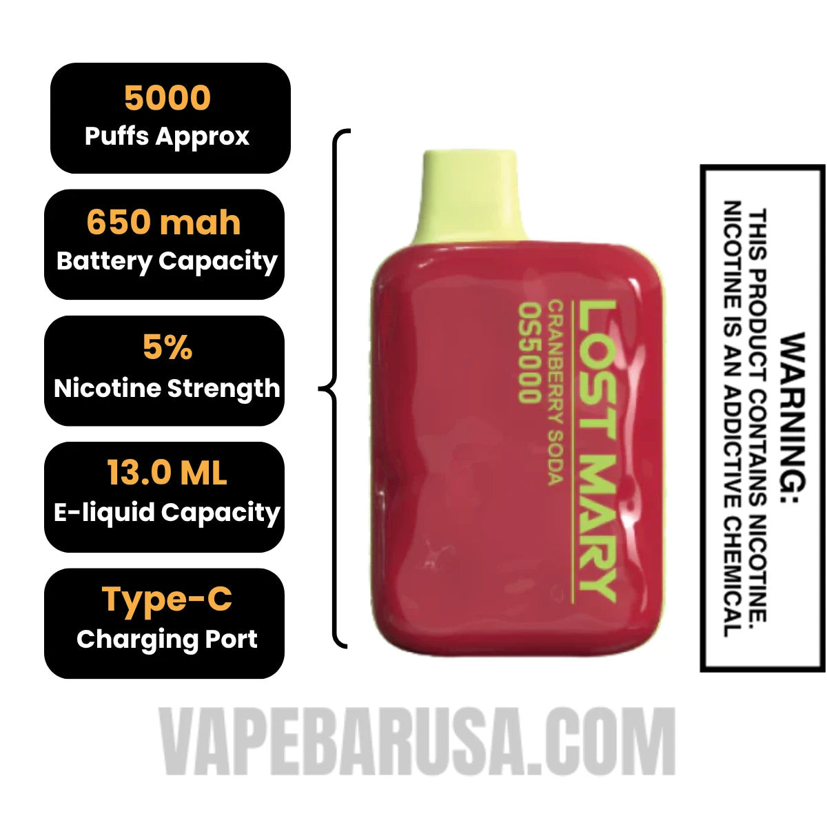 Cranberry Soda Lost Mary OS5000 Disposable Vape Specifications