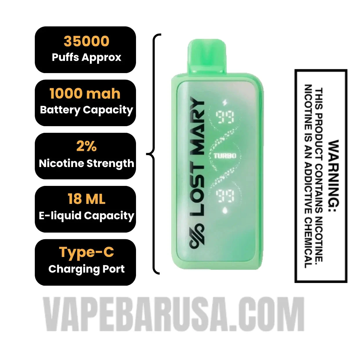 Winter Mint Lost Mary MT35000 Disposable Vape 20 MG Specifications