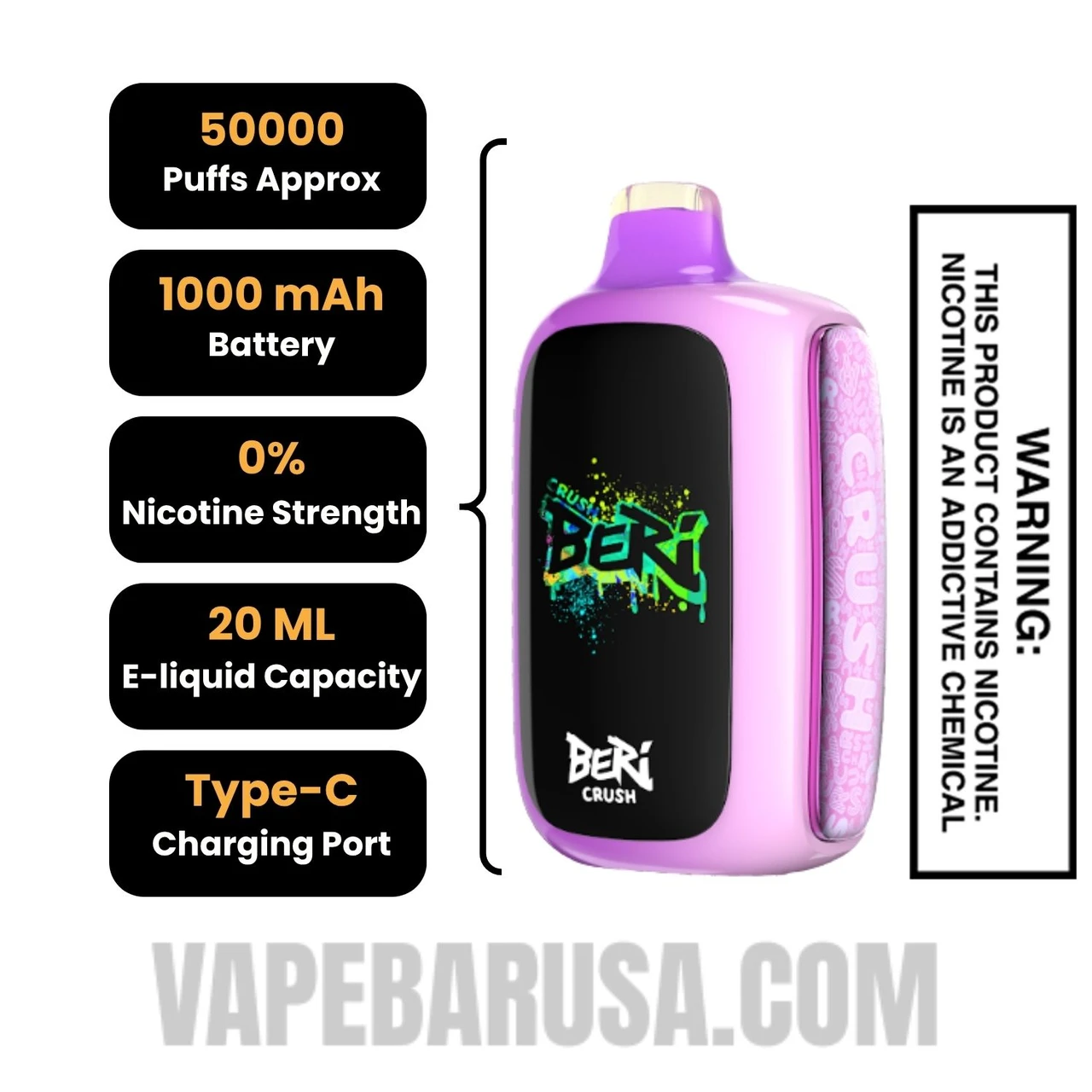 Grape Ice Beri Crush 50K Zero Nicotine Disposable Vape Specifications