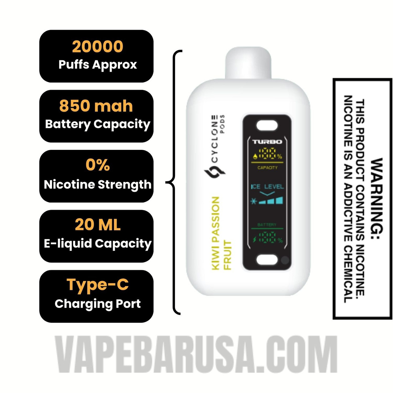Kiwi Passion Fruit Cyclone Gust Pro 20K Zero Nicotine Disposable Vape Specifications