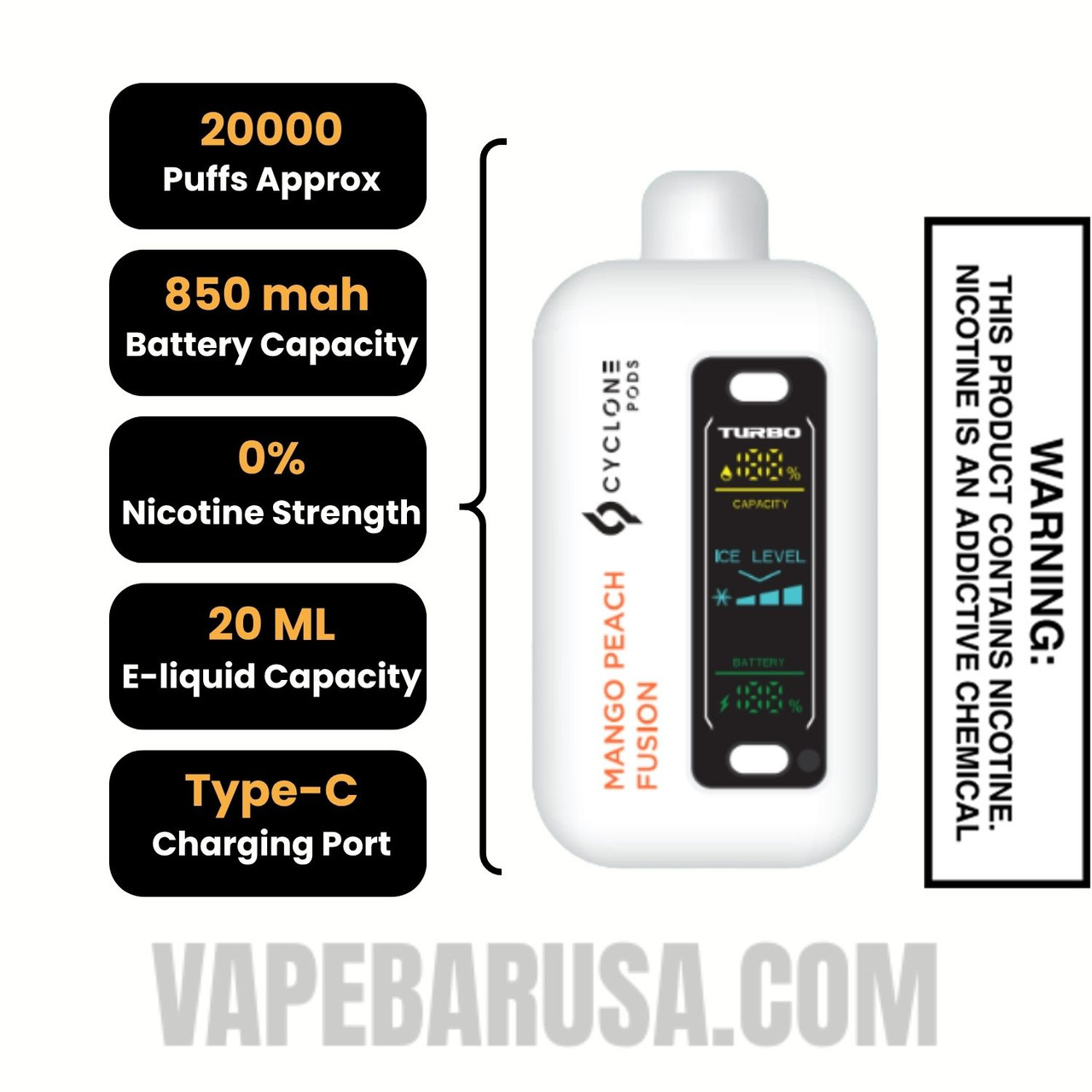 Mango Peach Fusion Cyclone Gust Pro 20K Zero Nicotine Disposable Vape Specifications