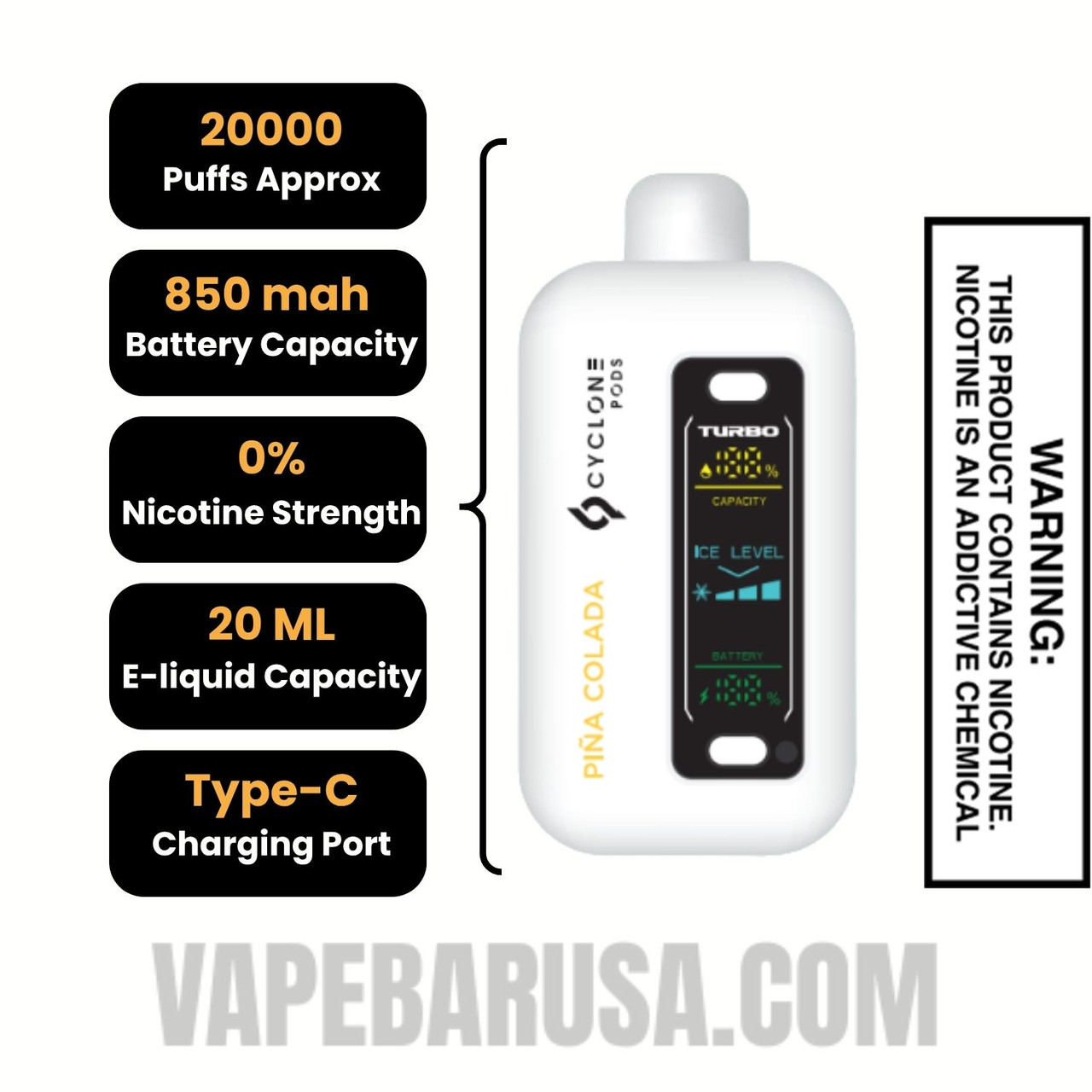 Pina Colada Cyclone Gust Pro 20K Zero Nicotine Disposable Vape Specifications