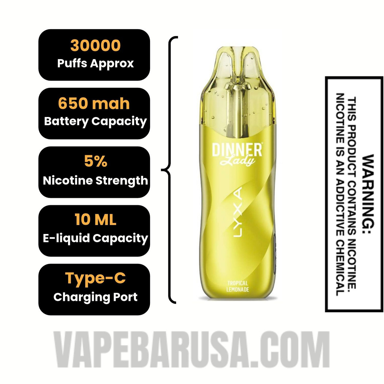 Tropical Lemonade Dinner Lady LYXA 30K Disposable  Vape Specifications