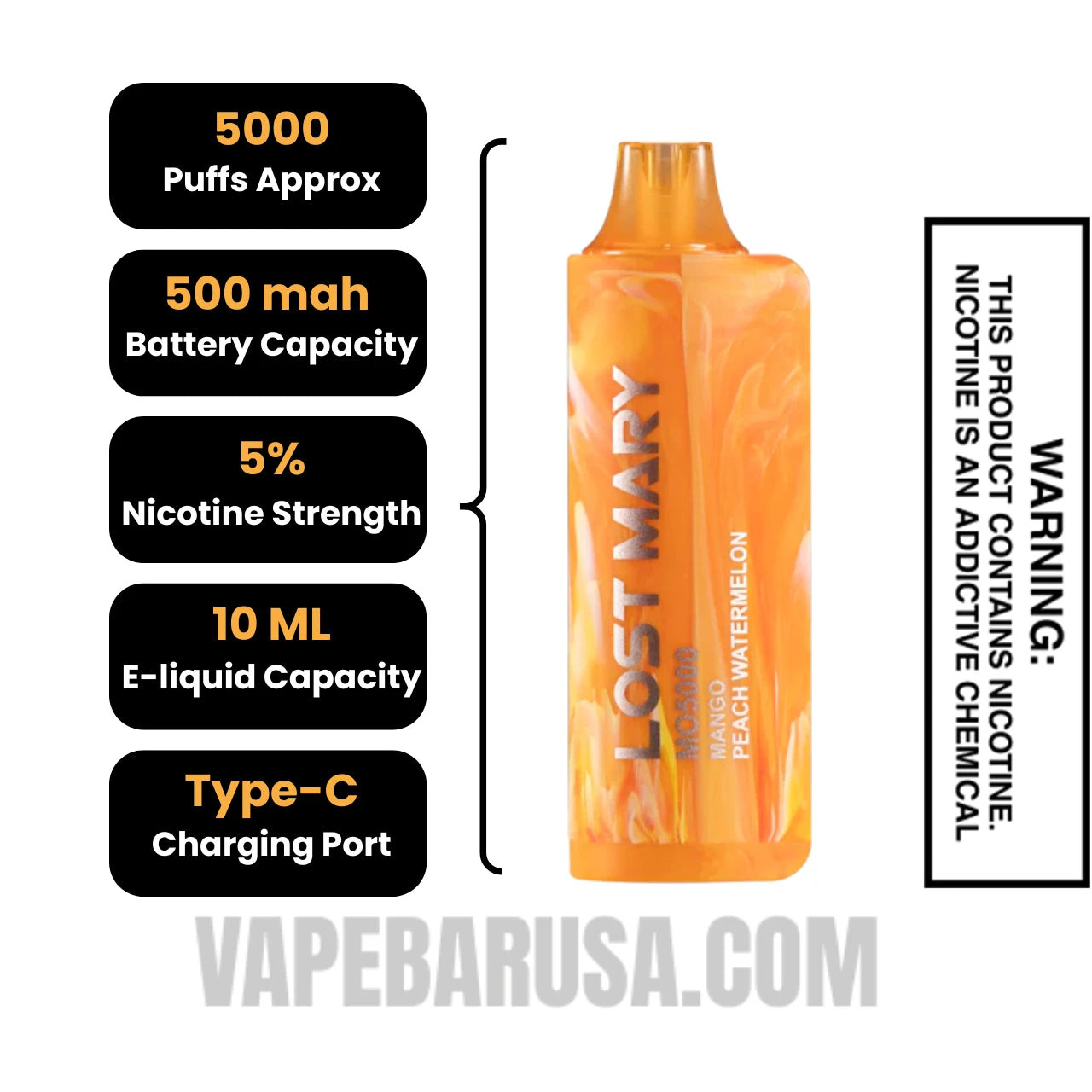Peach Mango Watermelon Lost Mary MO5000 Disposable Vape Specifications