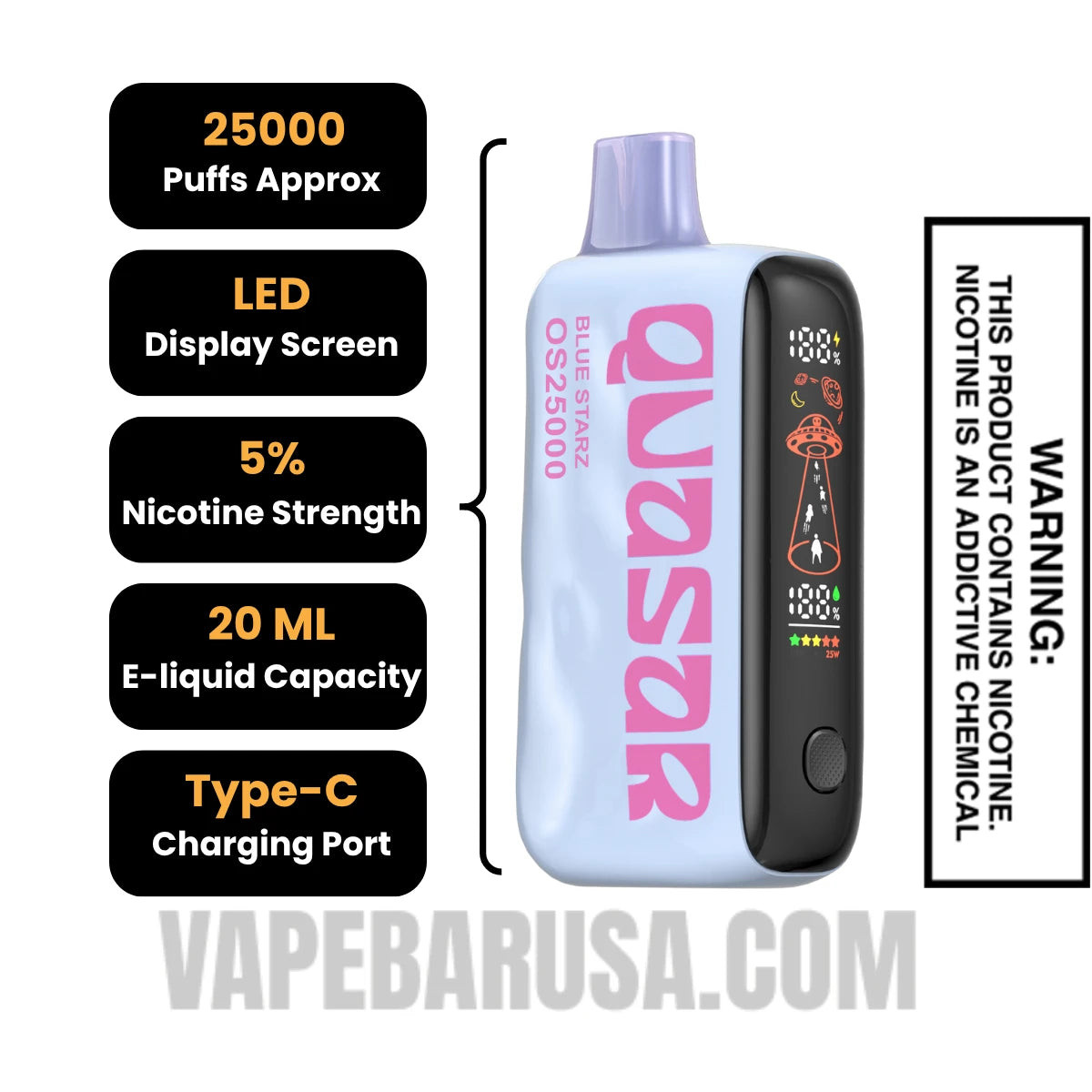 Blue Starz Lost Mary Quasar OS25000 Disposable Vape Specifications