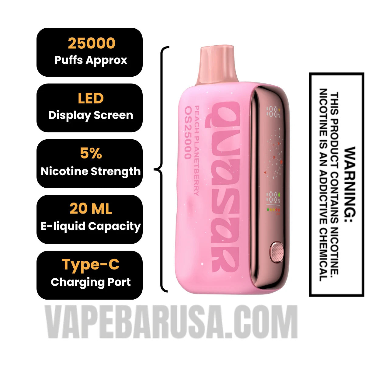 Peach Planetberry Lost Mary Quasar OS25000 Disposable Vape Specifications