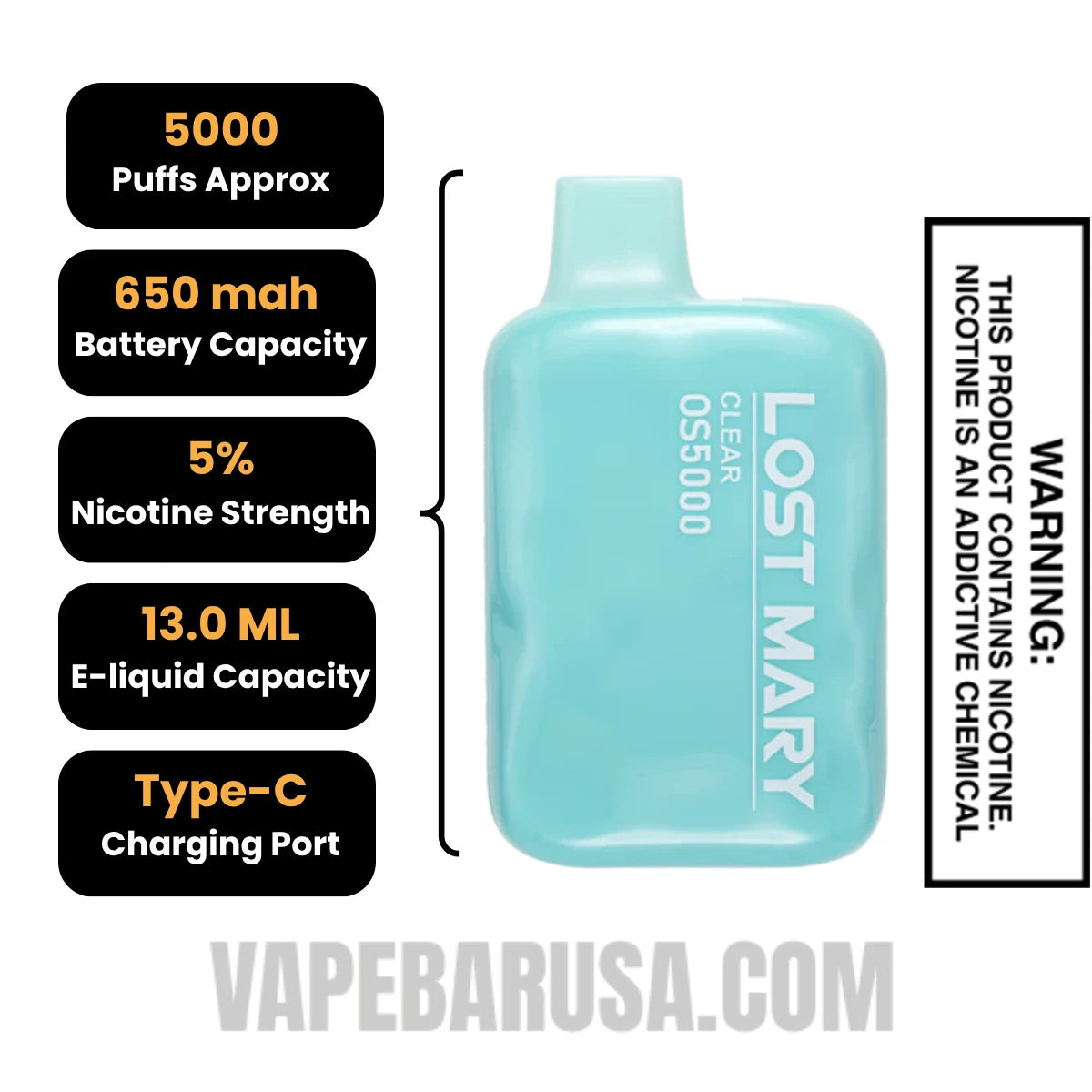 Clear Lost Mary OS5000 Disposable Vape Specifications