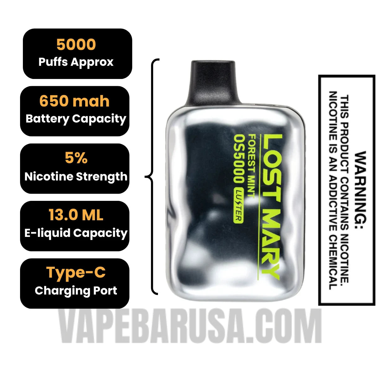 Forest Mint Lost Mary OS5000 Luster Edition Vape Specifications