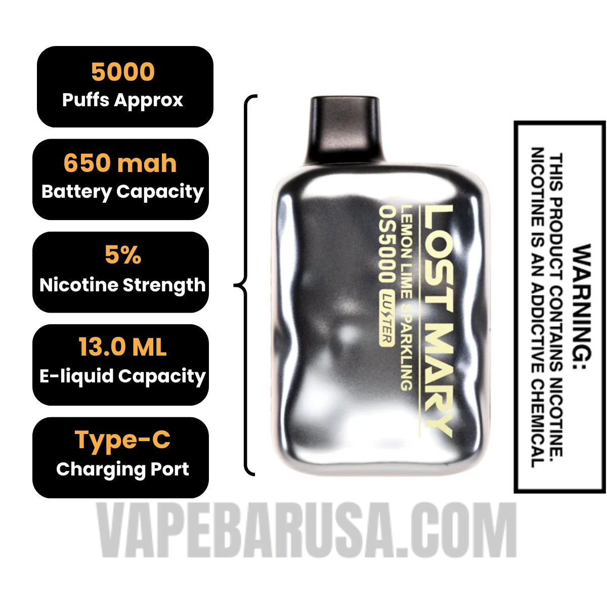 Lemon Lime Sparkling Lost Mary OS5000 Luster Edition Vape Specifications