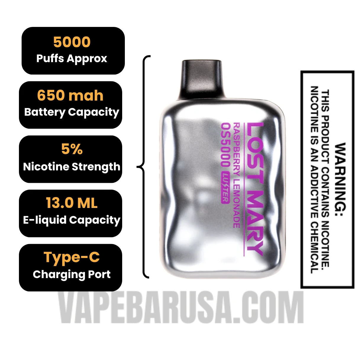Raspberry Lemonade Lost Mary OS5000 Luster Edition Vape Specifications