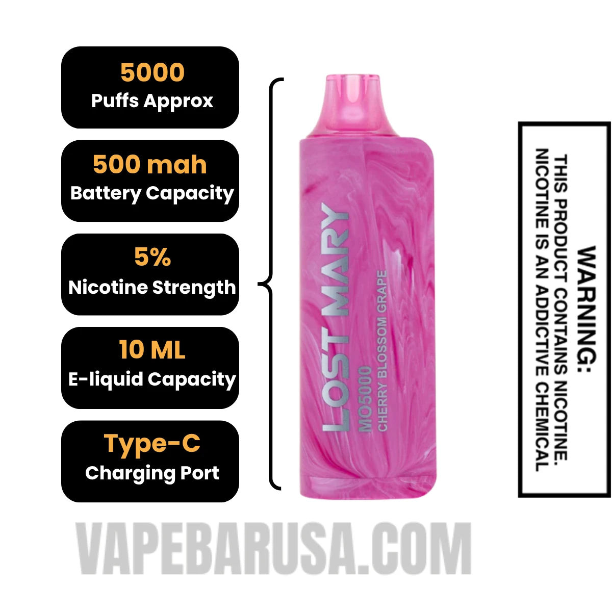 Cherry Blossom Grape Lost Mary MO5000 Disposable Vape Specifications