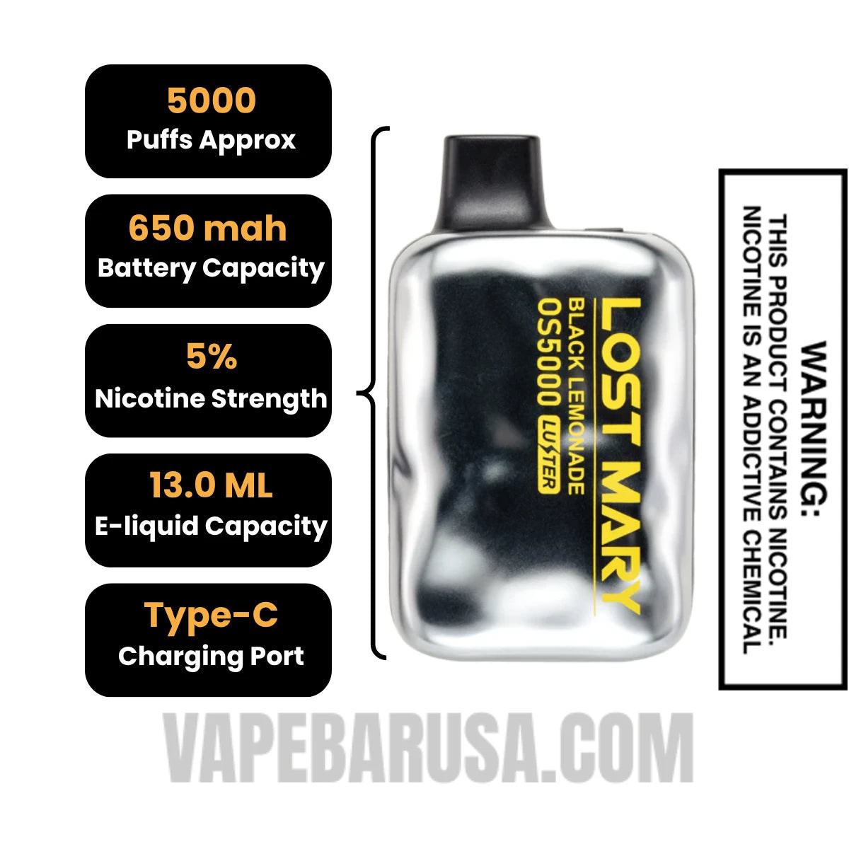 Black Lemonade Lost Mary OS5000 Disposable Vape Specifications