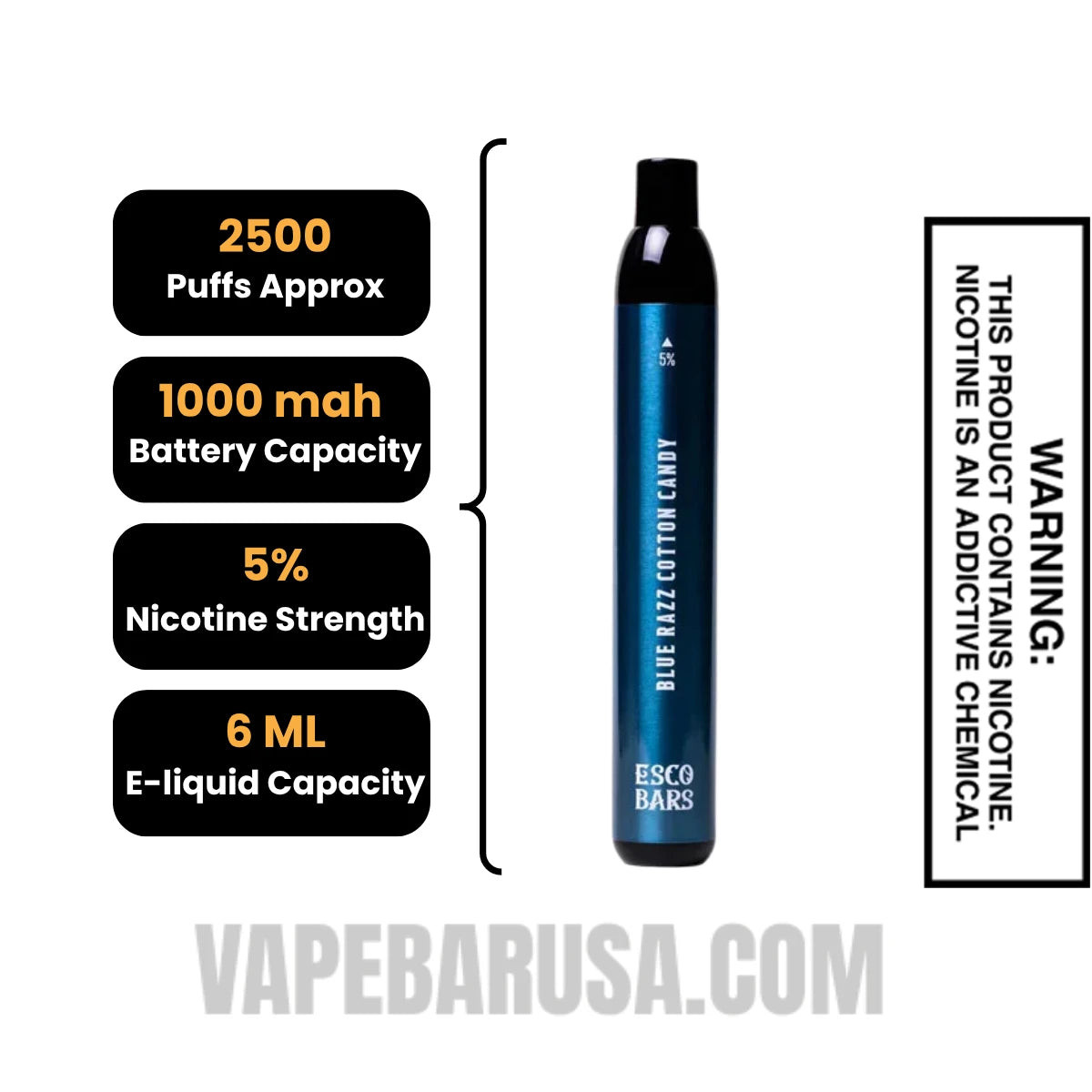 Blue Razz Cotton Esco Bar 2500 Puffs Disposable Vape Specifications