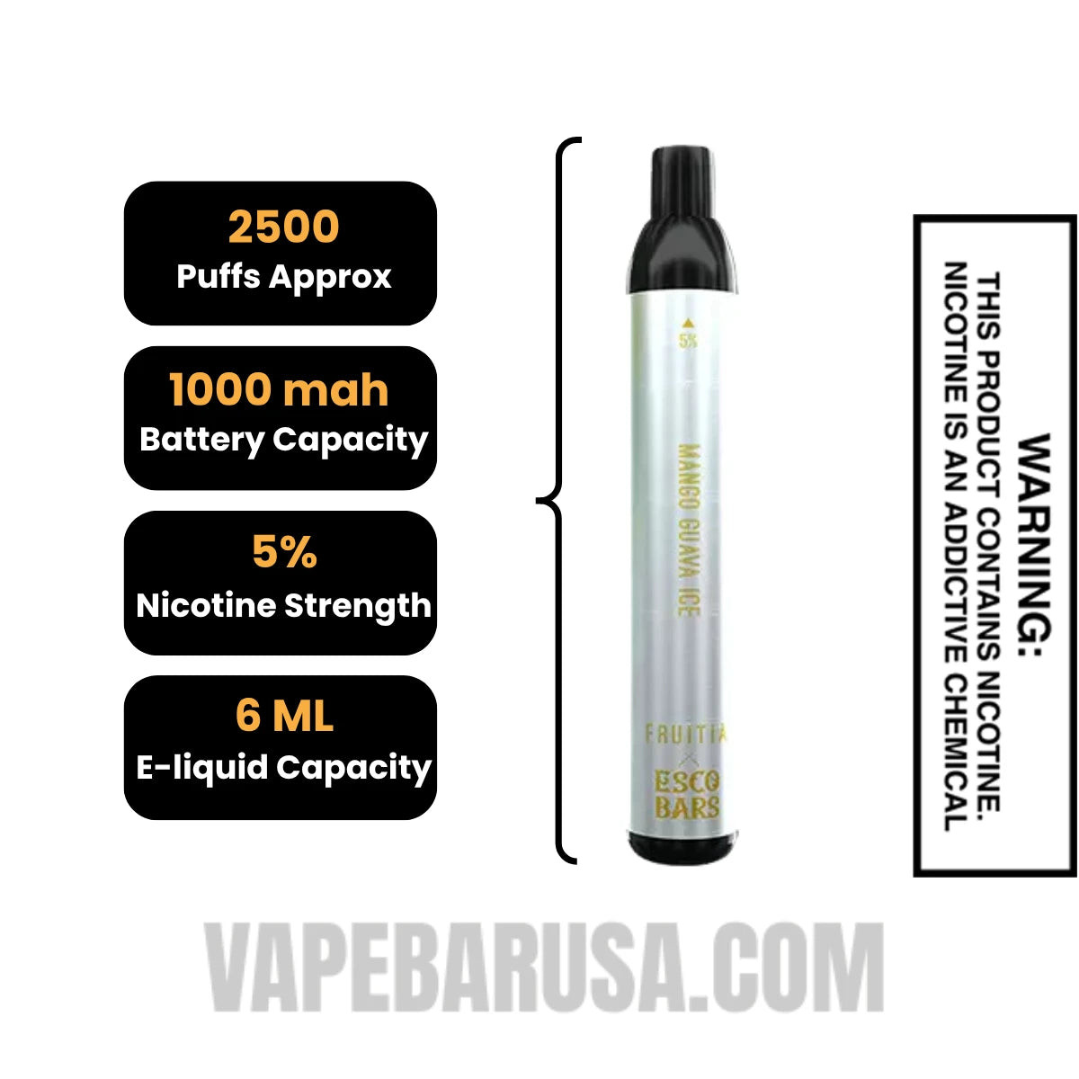 Mango Guava Ice Esco Bar 2500 Puffs Disposable Vape Specifications