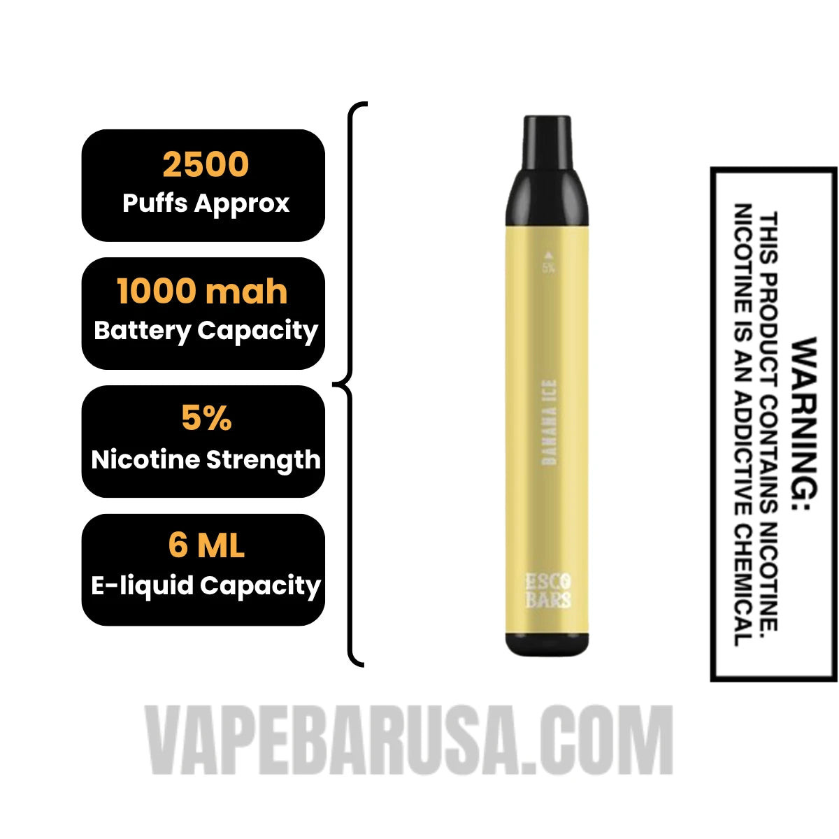 Banana Ice Esco Bars 2500 Puffs Disposable Vape Specifications