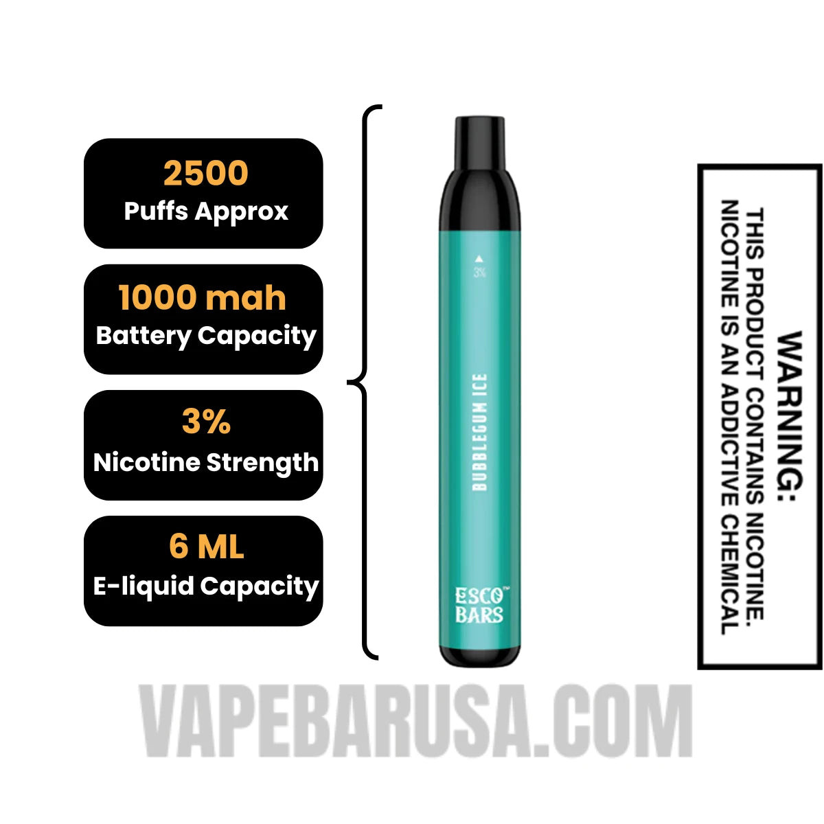 Bubblegum Ice Esco Bar Mesh Vape 2500 Puffs 3% Nic Specifications