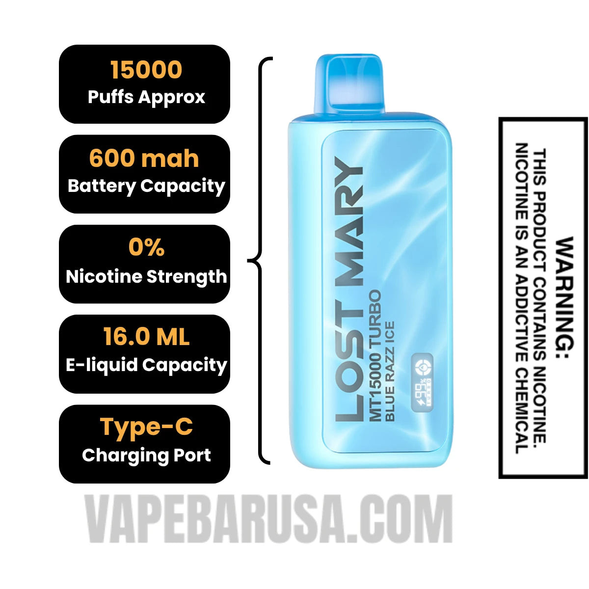 Blue Razz Ice Lost Mary MT15000 Disposable Vape Specifications