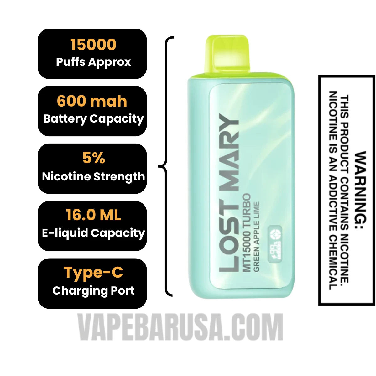 Green Apple Lime Lost Mary MT15000 Turbo Vape Specifications