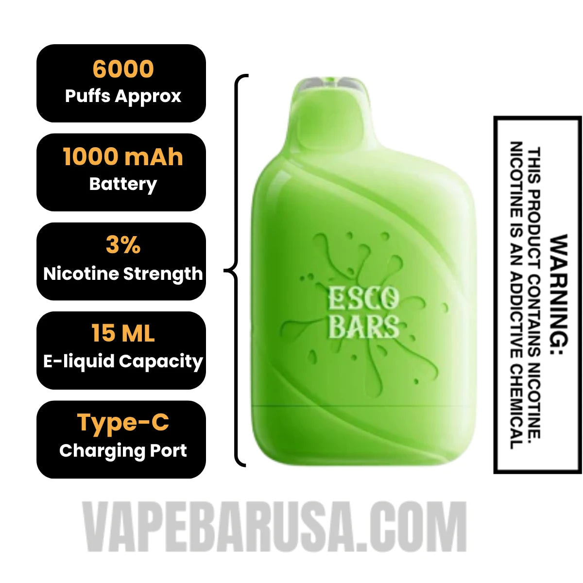 Spearmint Esco Bars 6000 Puffs Disposable Vape Specifications