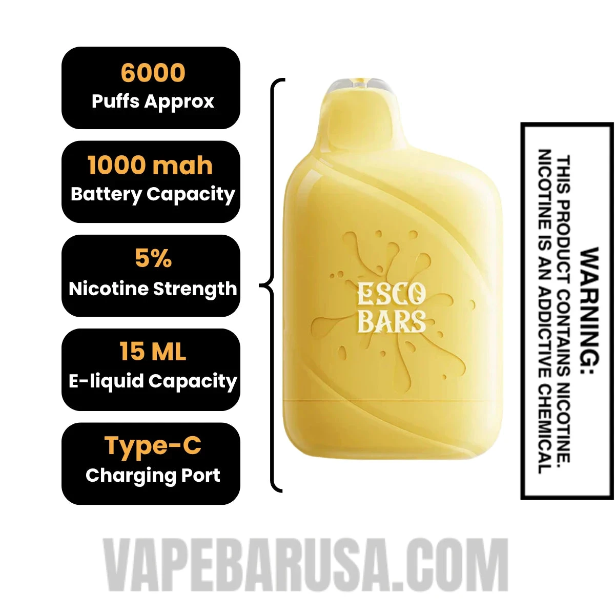 Honey Mango Esco Bars 6000 Puffs Disposable Vape Specifications