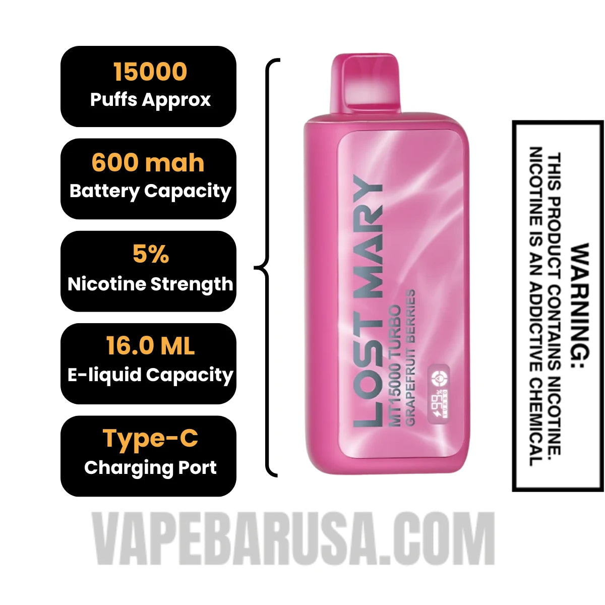 Grapefruit Berries Lost Mary MT15000 Disposable Vape Specifications