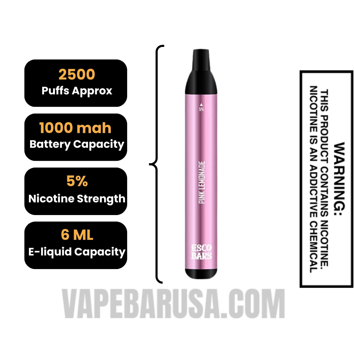Pink Lemonade Esco Bars 2500 Puffs Disposable Vape Specifications
