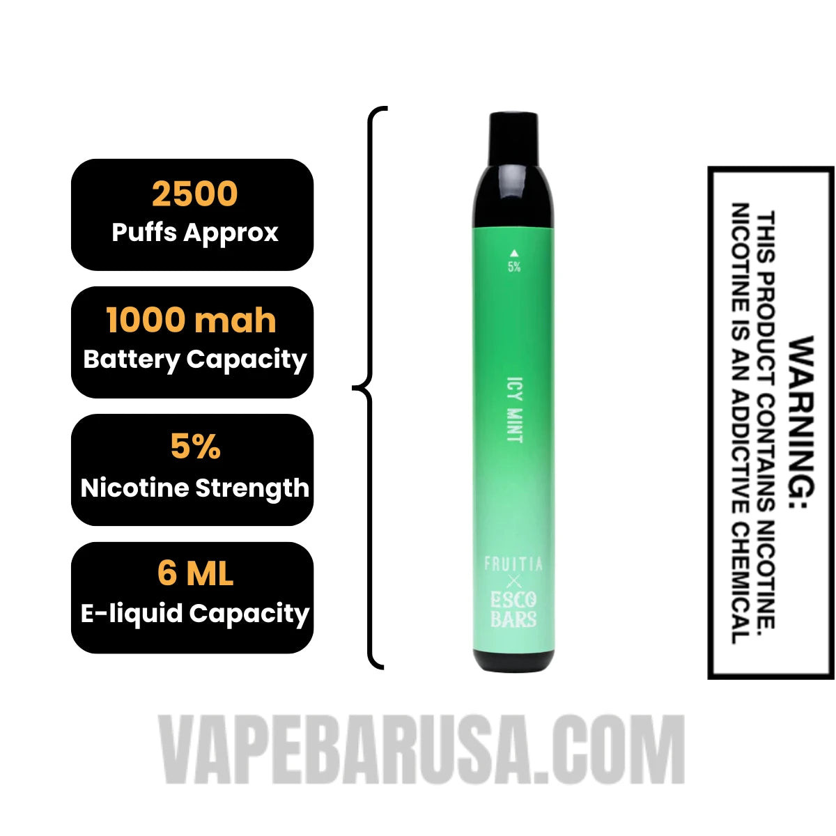 Icy Mint Esco Bars 2500 Puffs Disposable Vape Specifications