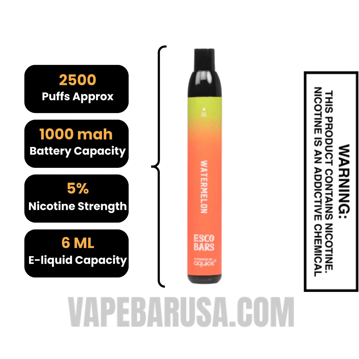 Watermelon Esco Bars 2500 Puffs Disposable Vape Specifications