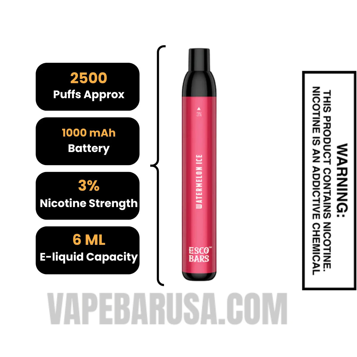 Watermelon Ice Esco Bar Mesh Vape 2500 Puffs 3% Nic Specifications