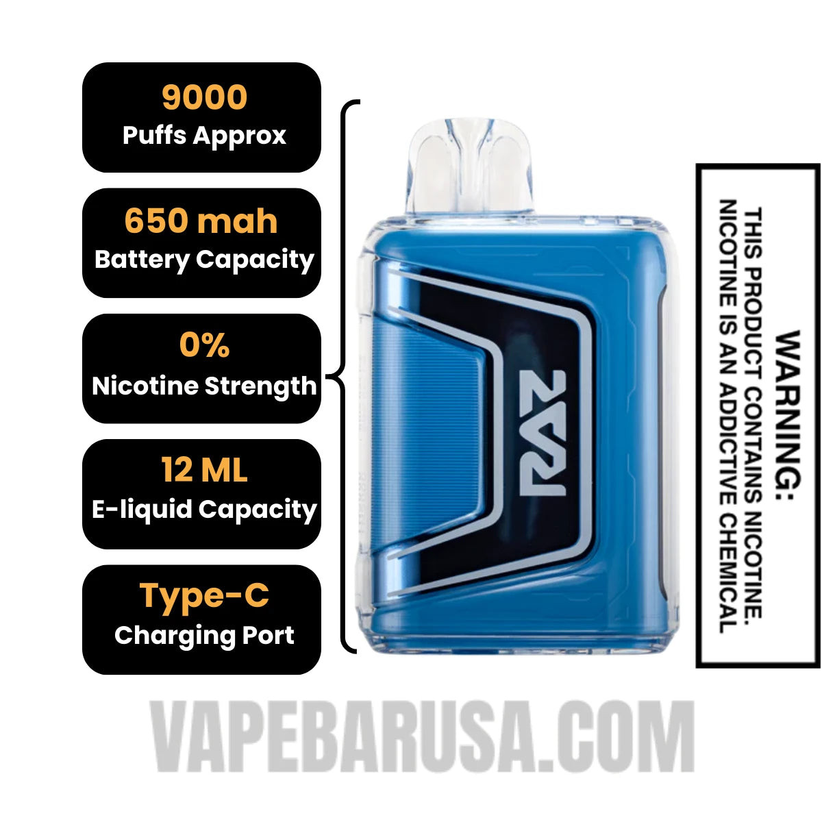 Blue Razz Ice RAZ Disposable Vape 0% Nic Specifications