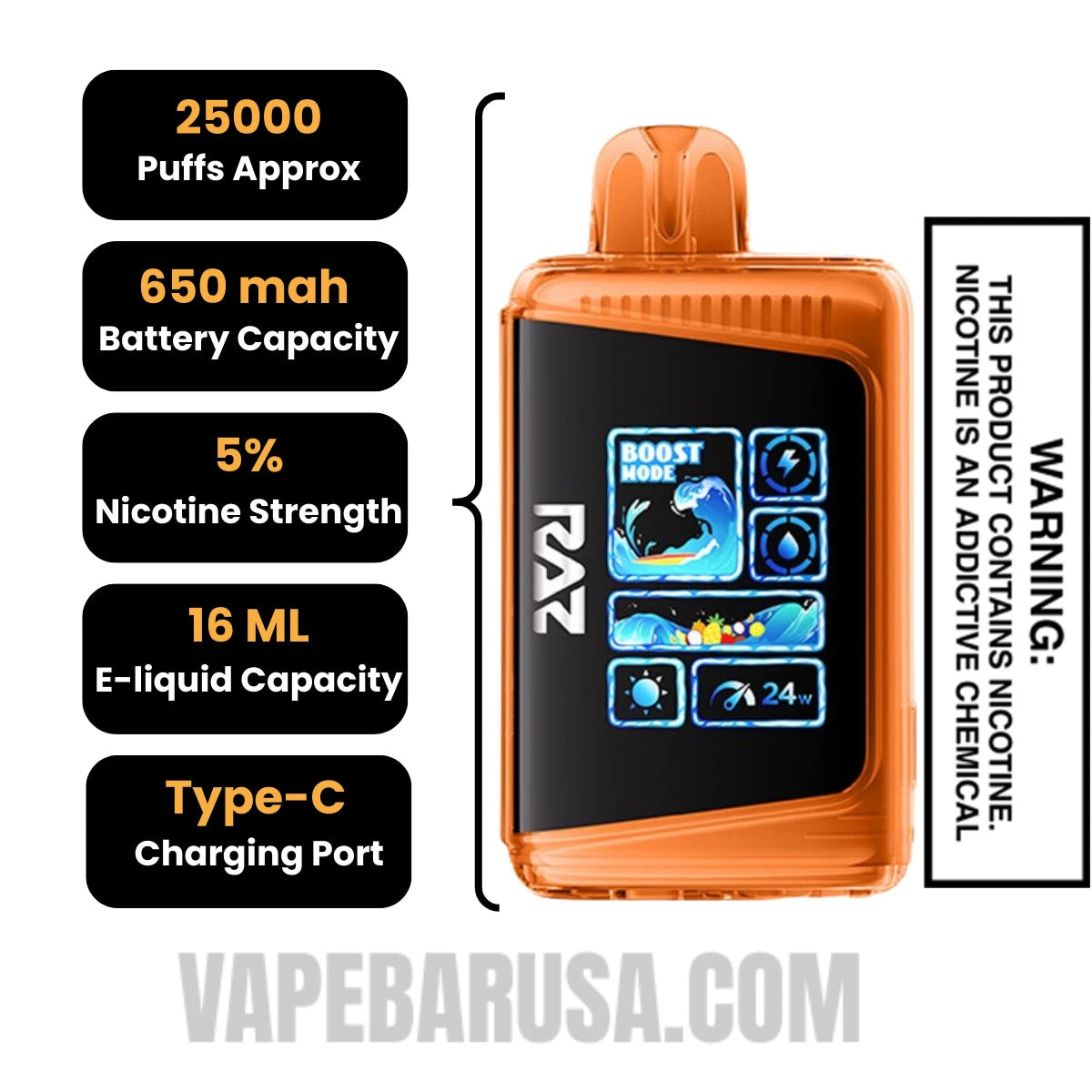 Orange Pineapple Punch RAZ LTX 25000 Disposable Vape Specifcations