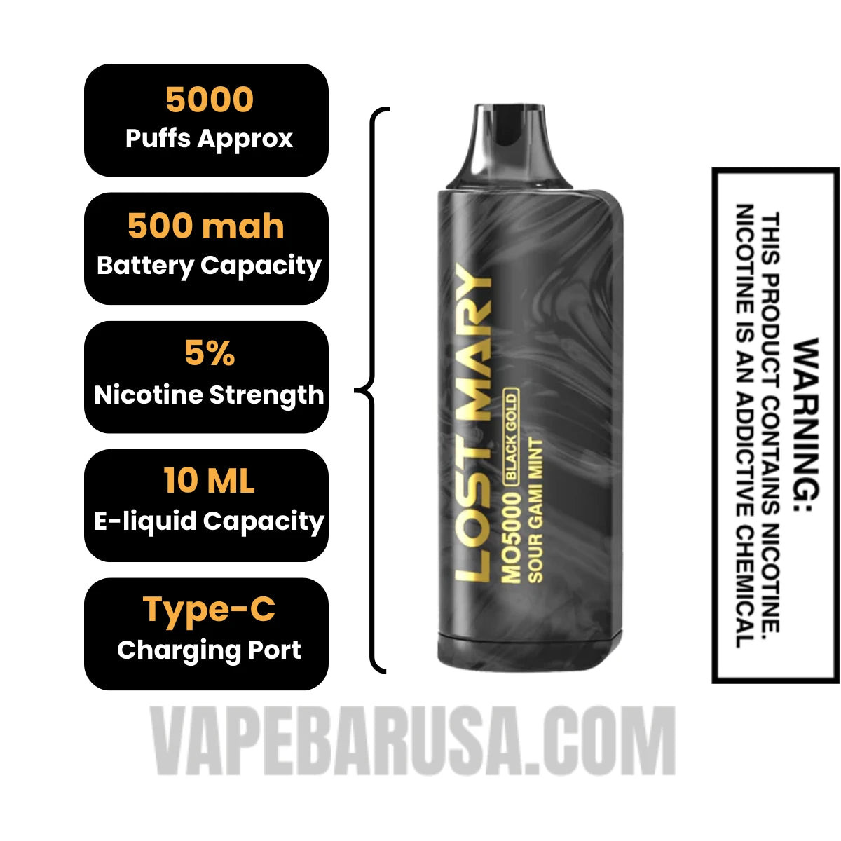 Sour Gami Mint Lost Mary MO5000 Black Gold Edition Vape Specifications