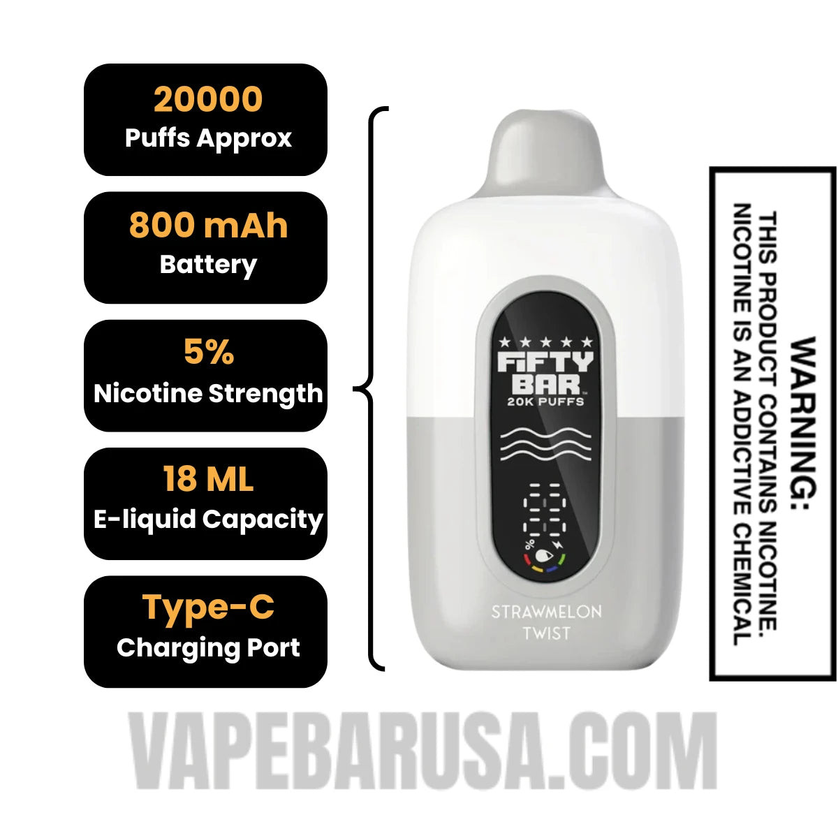 Strawmelon Twist Fifty Bar 20k Disposable Vape Specifications