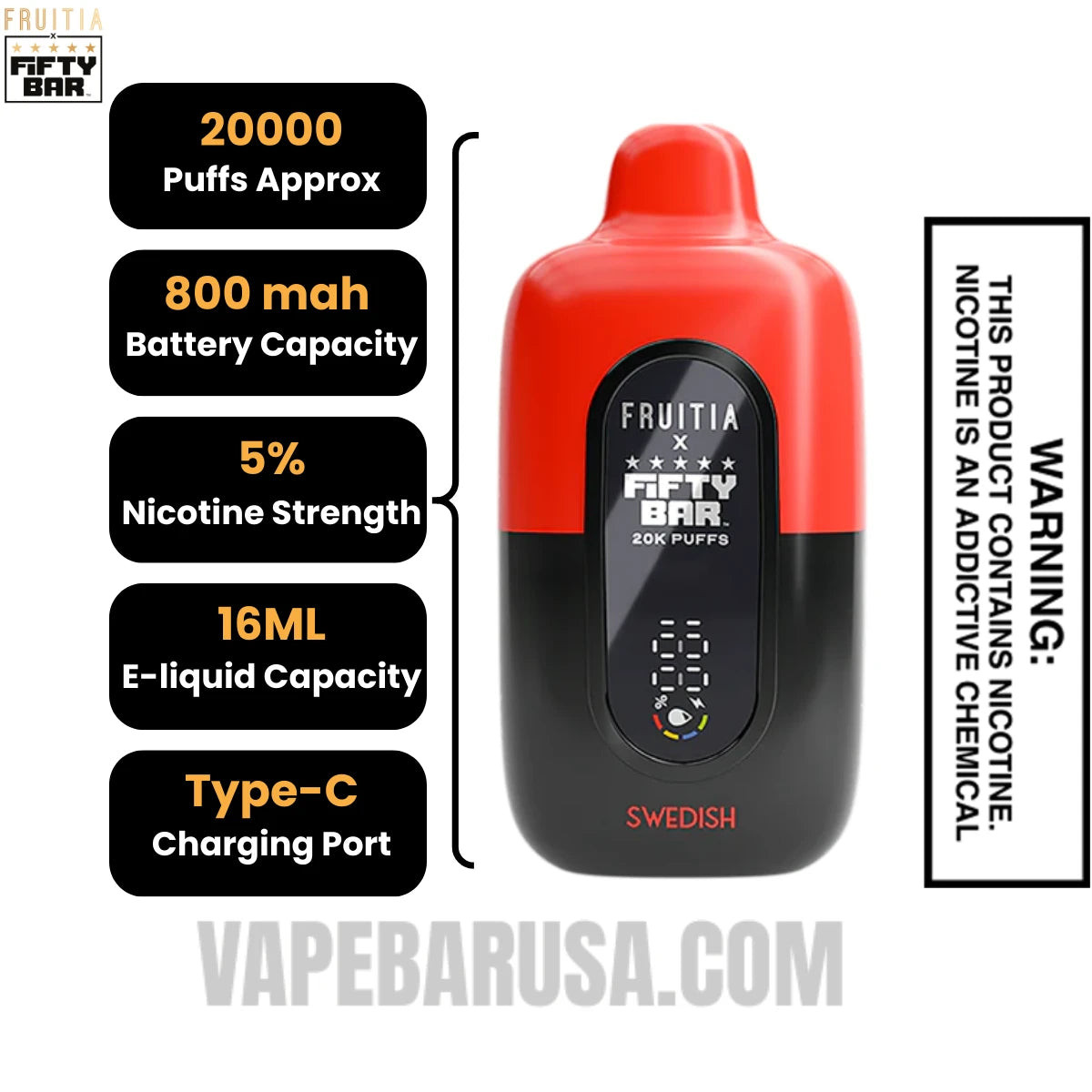 Swedish Fruitia X Fifty Bar 20K Vape Specifications