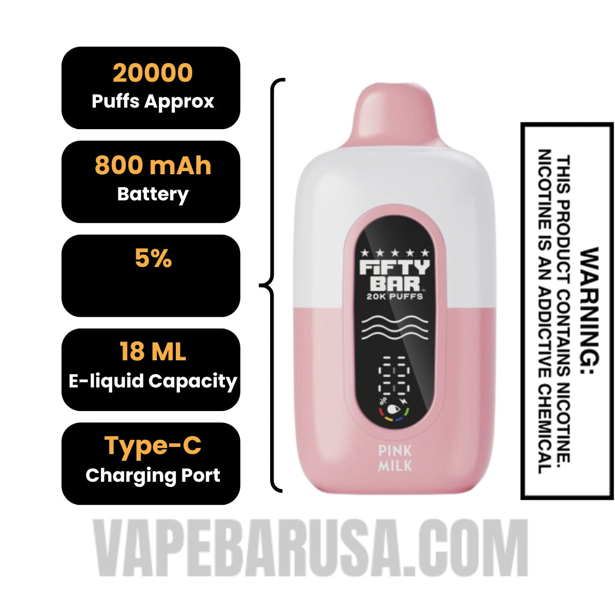 Pink Sour Straws Hidden Hills X Fifty Bar 20K Vape Specifications