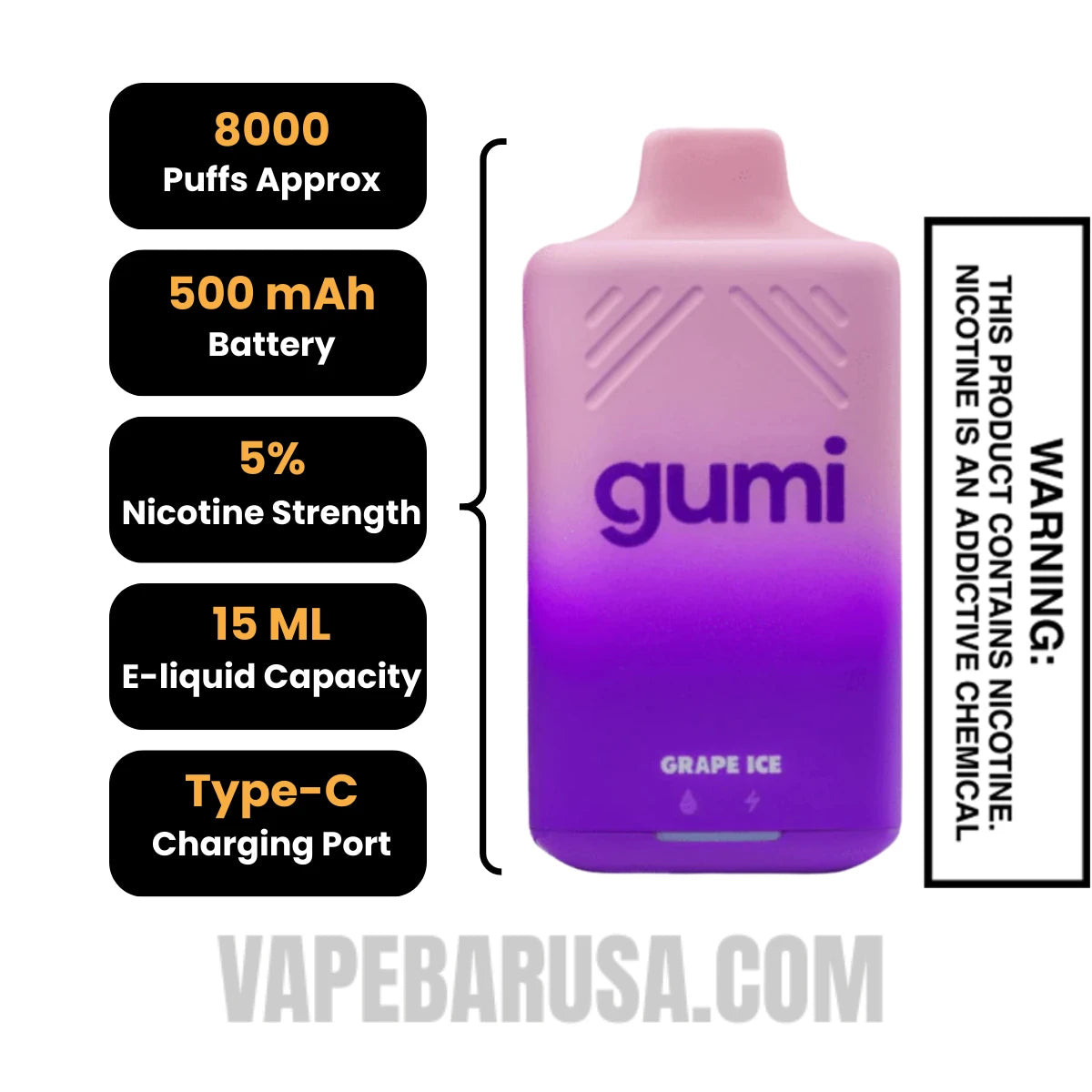 Grape Ice Gumi Bar Disposable Vape 8000 Puffs Specifications